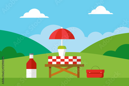 Flat design picnic scene with checkered tablecloth bottle umbrella and basket