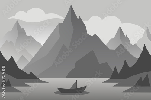 Serene mountain landscape with a lone boat on a calm lake