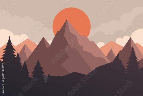 Minimalist mountain landscape with a large orange sun and silhouetted pine trees