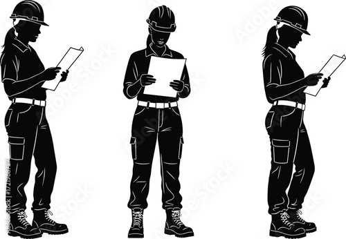 Construction workers, safety helmets, industrial site, engineering professionals, teamwork, documentation, inspection, work boots, silhouettes, technical field, job site, uniformed crew