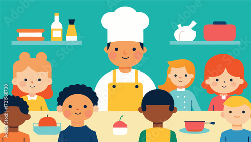 Illustration of chef with children in cooking class, showcasing culinary education, teamwork, and healthy eating habits in a fun environment