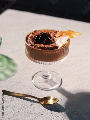 Chocolate Mousse with Dark Berry Sauce and Sugar Tuile