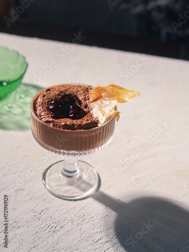 Chocolate Mousse with Dark Berry Sauce and Sugar Tuile