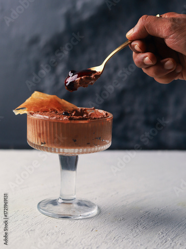 Chocolate Mousse with Dark Berry Sauce and Sugar Tuile