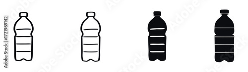 Illustration of plastic water bottles in varying states of fullness, showcasing different levels of liquid content and their simple, minimalist design 
