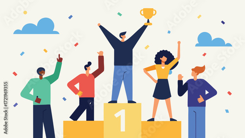 A group of diverse people celebrating victory on a podium, the winner holding a trophy isolated on white background