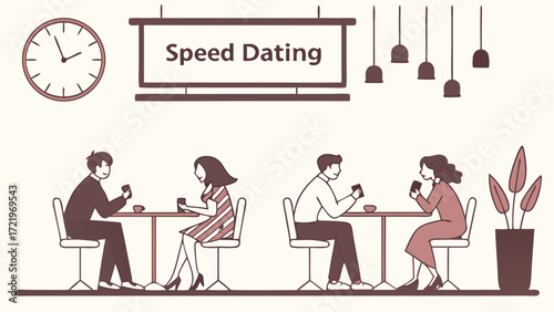 Speed dating event with couples sitting at tables isolated on white background