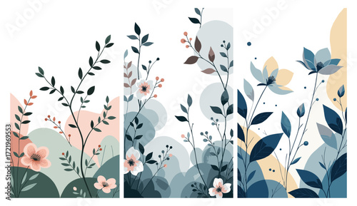 A triptych of minimalist botanical wall art. Features delicate cherry blossoms and abstract shapes in muted teal, orange, and pink. Modern Japanese style for home decor