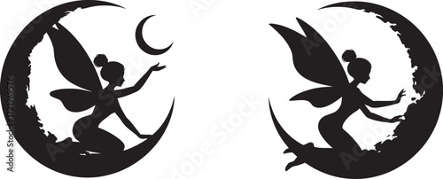 Fairy on a Crescent Moon Silhouette Vector Art for Mystical and Magical Designs Magical Fairy Silhouette Sitting on the Moon with Wings and a Wand

