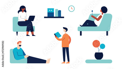 People relaxing in different positions isolated on white background