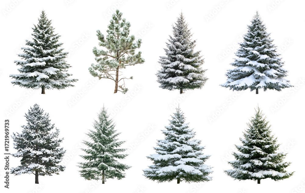 Obraz premium PNG Snow-covered evergreen trees collection, element set on transparent background