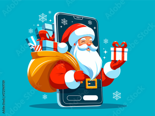 Santa Claus from a phone. Santa with phone. Advertising Christmas banner. Smartphone with Santa Claus coming out of it with gift box. Holiday cartoon character in winter season. Santa in mobile phone