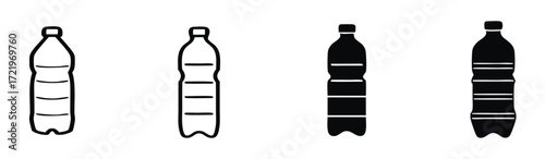 Illustration of plastic water bottles in varying states of fullness, showcasing different levels of liquid content and their simple, minimalist design 
