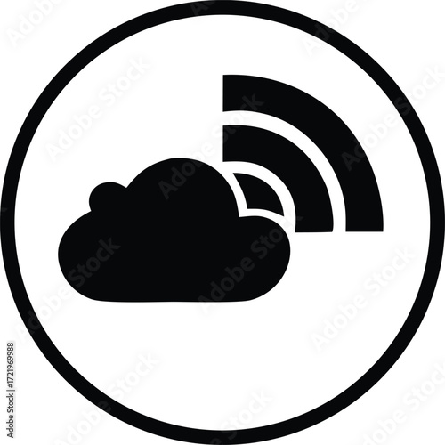 Symbol for cloud computing and wireless connectivity showcasing a cloud with emanating radio waves inside a circular frame