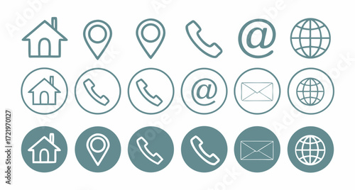 Illustration of contact information icons set, representing communication channels such as address, phone, email, website, and location details 