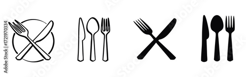 Illustration of various cutlery arrangements, including crossed knife and fork, spoon, knife, and fork combinations, isolated on white background 
