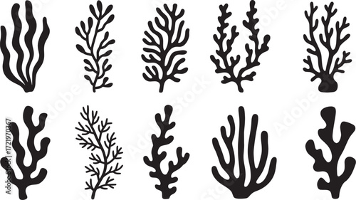 Set of Black Seaweed and Coral Silhouettes for Underwater and Ocean Themed Designs Underwater Life: Collection of Marine Algae, Corals, and Seaweed Vector Illustrations