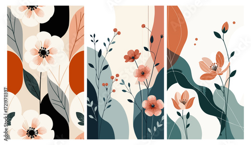 Abstract floral vector illustration with pastel flowers and leaves in modern minimal style. Perfect for wall art, posters, greeting cards, and botanical design.
