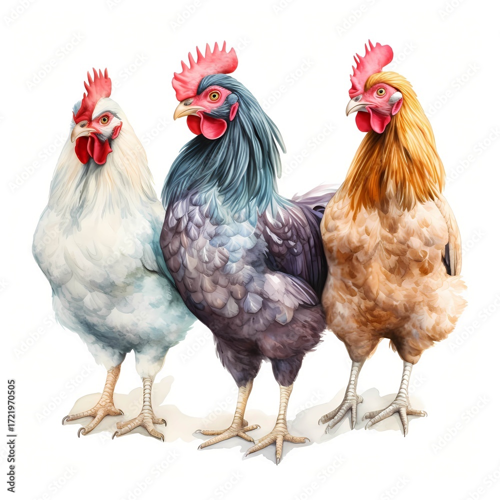Fototapeta premium The illustration shows three chickens of different breeds standing side by side against a white background.