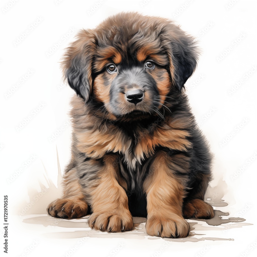 Fototapeta premium The illustration shows a young dog with long, brown and black fur sitting on a white background with light brown watercolor accents.