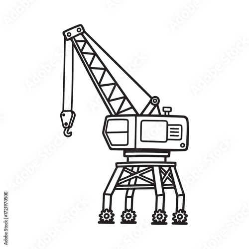 Freight Crane Line Art Illustration with Boom, Cab, Legs and Mechanical Details.
