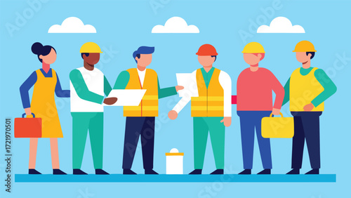 A diverse group of construction workers are standing together, reviewing plans and discussing the project isolated on white background