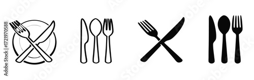 Illustration of various cutlery arrangements, including crossed knife and fork, spoon, knife, and fork combinations, isolated on white background 
