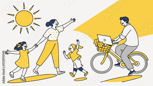 A family enjoys a sunny day with the father biking with a laptop, promoting worklife balance and outdoor activities
