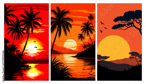 A triptych of vibrant sunset wall art. Features tropical palm trees, savanna trees, and the sun reflecting on the ocean or lake. Vector travel poster style in red, orange, and black