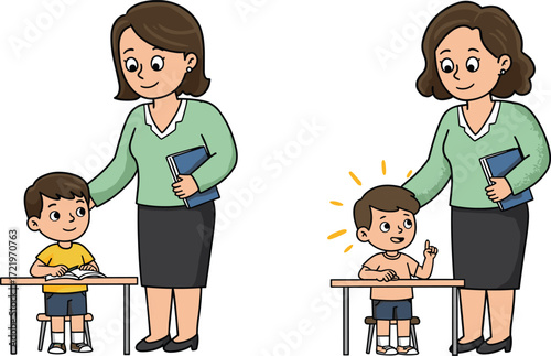 Teacher guiding student, classroom learning, education support, inspiration moment, school illustration, vector art, knowledge sharing, academic success, mentor role, study concept