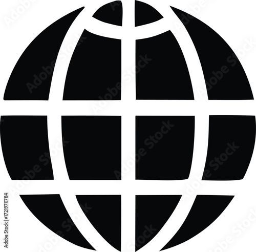 Global network globe icon represents worldwide connectivity and internet access in a simple black and white design for digital use