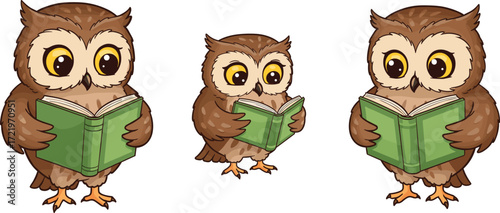 Wallpaper Mural Cartoon owls reading green books, education concept, wisdom symbol, learning illustration, school theme, vector art, cute birds, knowledge, study, classroom scene Torontodigital.ca