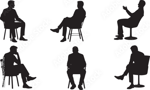 Set of Men Sitting on Chairs in Various Poses - Human Silhouette Vector Pack Male Silhouettes Sitting and Thinking, Perfect for Business and Social Concepts