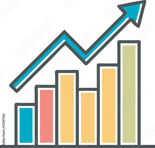 Colorful business growth bar chart with upward trending arrow indicating success and progress