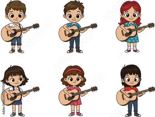 Cartoon children playing acoustic guitars, musical kids illustration, vector art, performance scene, creative design, fun characters, music class concept, entertainment theme