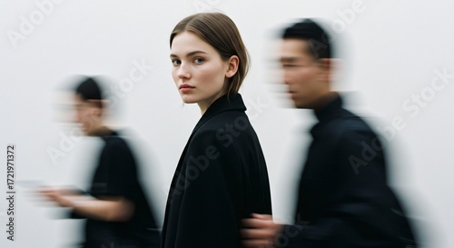 Young model bwoman looking at camera while blurred people pass by her. Concept of standing out in a crowd or being unique.