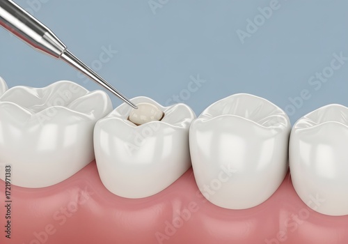 Dental filling procedure showing a tool inserting filling into a tooth cavity in close up view