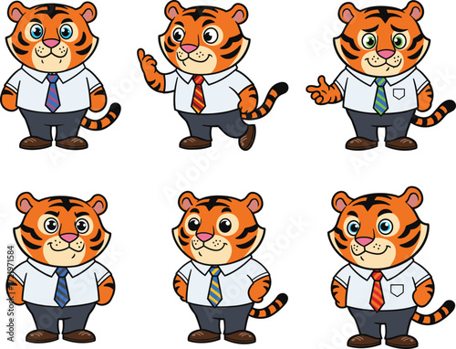Cartoon tiger in business attire, corporate animal character illustration, vector art, professional role, office scene, creative design, workplace concept, formal clothing