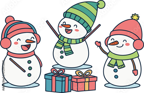 Three cheerful snowmen wearing hats and scarves holding presents
