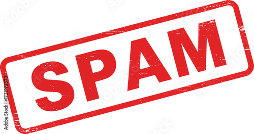 Red spam stamp with textured border indicating unwanted content or mark isolated on transparent background