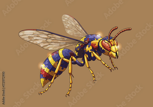 Cartoon Wasp with Puzzle Piece Pattern Detailed Wings and Legs.