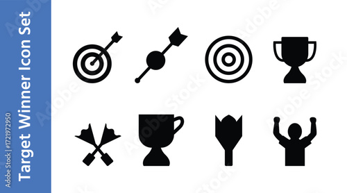 Target, Darts, Trophy and Winner Icon Set Vector Illustration for Sports and Achievement.