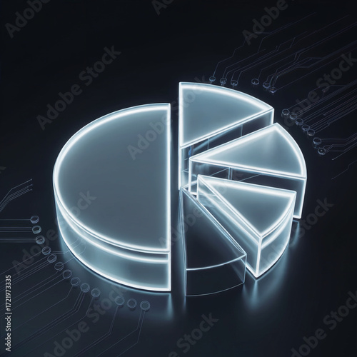 Glowing Pie Chart with Circuit Board Pattern on Dark Background for Data Analysis