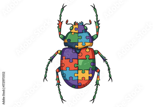 Colorful Puzzle Piece Beetle Illustration with Intricate Design.