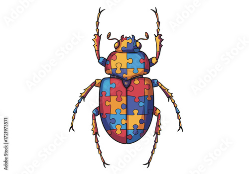 Colorful Puzzle Piece Beetle Illustration with Intricate Details.