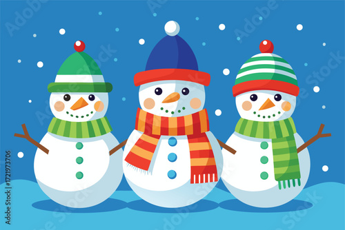 Three cheerful snowmen standing together in a winter wonderland