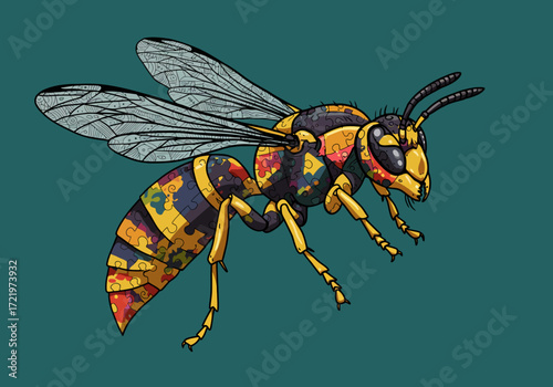Colorful Puzzle Piece Wasp Illustration with Detailed Wings.