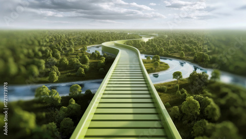 Green Path Over Forest And River Landscape Perspective View