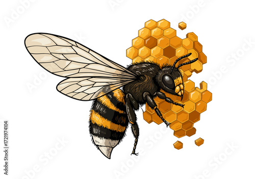 Detailed Illustration of a Bee with Honeycomb 1.