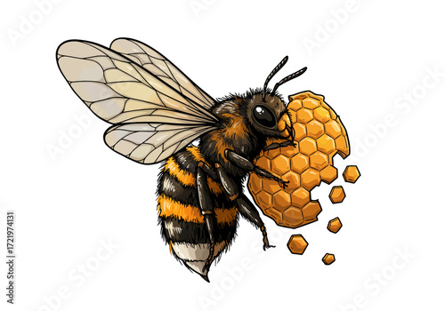 Detailed Illustration of a Bee with Honeycomb.
